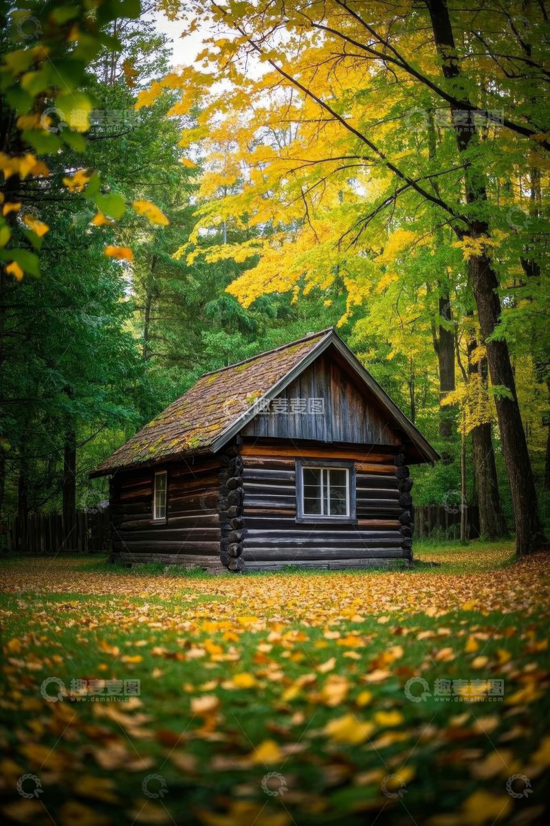高清大图下载【趣麦麦图】秋季森林中的木屋景象