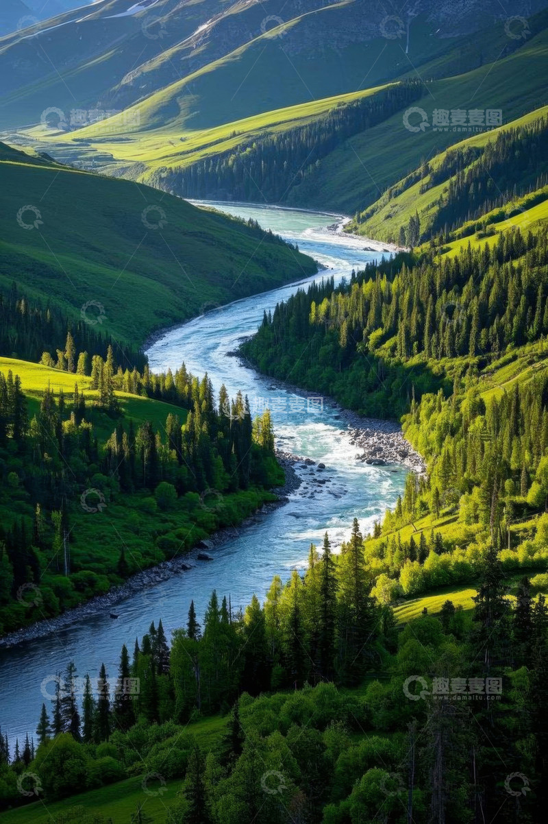高清大图下载【趣麦麦图】山谷间河流与森林自然风光