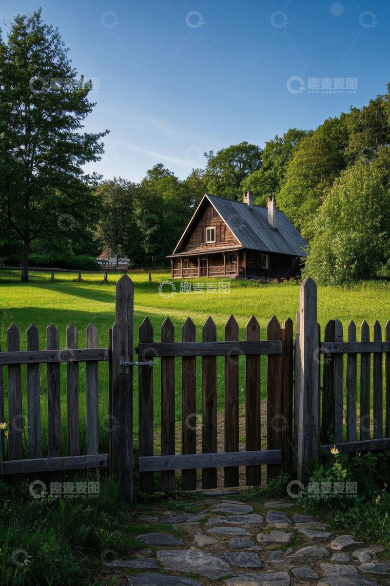 高清大图下载【趣麦麦图】乡村木屋前的木栅栏风景