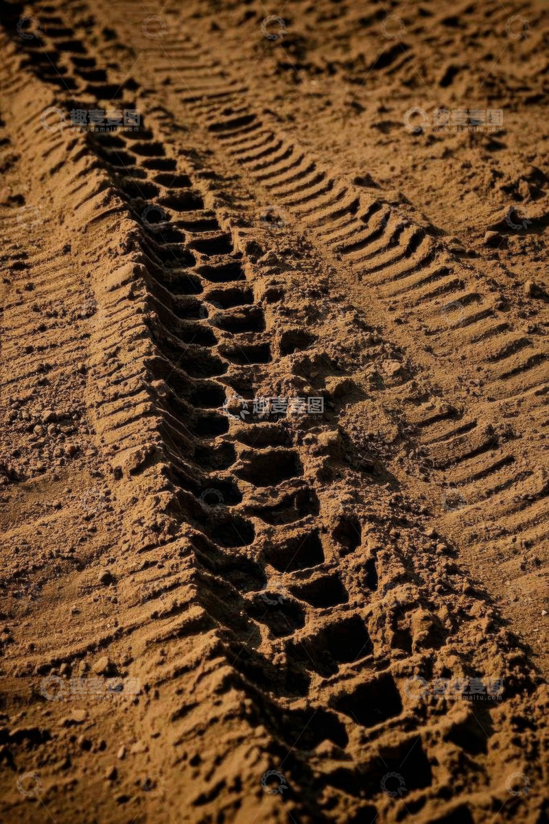 高清大图下载【趣麦麦图】沙地上的轮胎痕迹特写