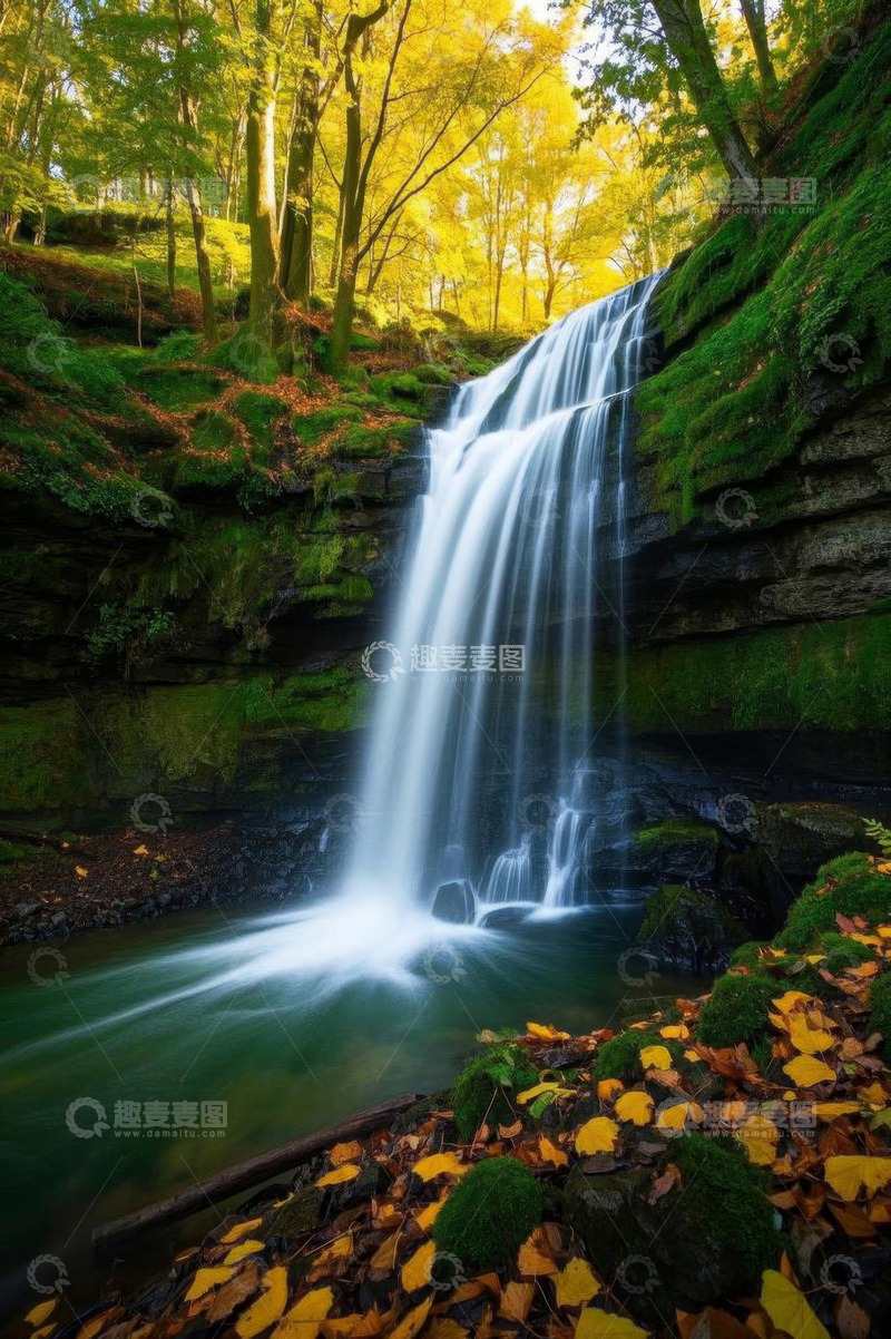 高清大图下载【趣麦麦图】森林中的瀑布自然景观