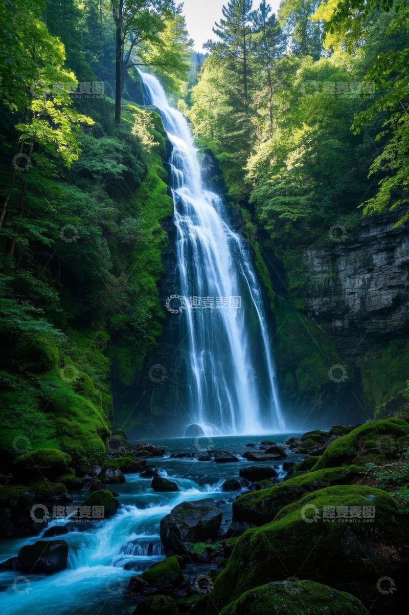 高清大图下载【趣麦麦图】森林中的瀑布自然景观