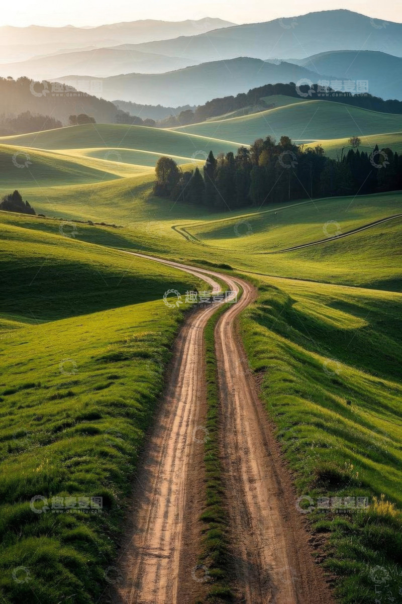 高清大图下载【趣麦麦图】山间蜿蜒的绿色田野小路