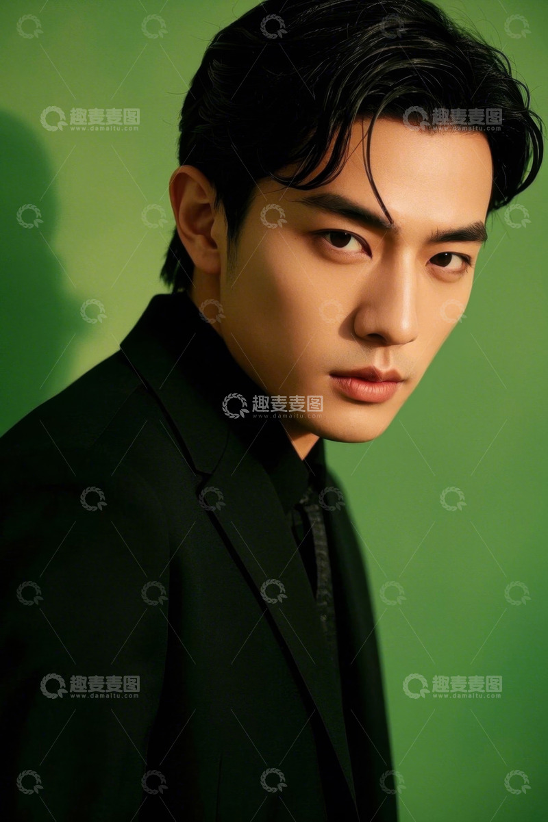 高清大图下载【趣麦麦图】时尚男士写真绿色背景深色西装