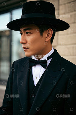 绅士男子身着黑色西装礼帽