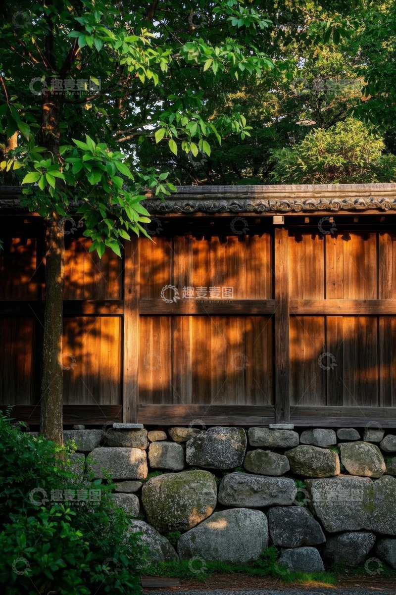 高清大图下载【趣麦麦图】日式木墙石基绿植景观