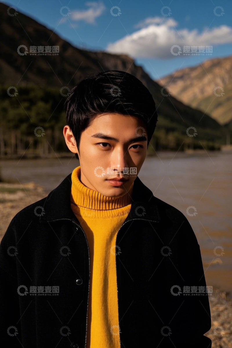 高清大图下载【趣麦麦图】青年男子户外写真黄衣黑外套