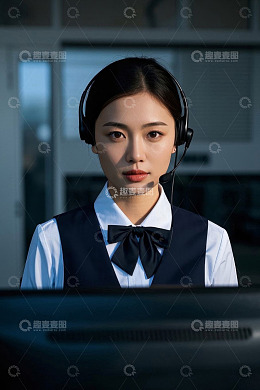 戴耳机客服人员认真工作