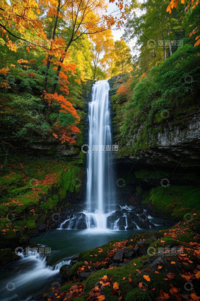 高清大图下载【趣麦麦图】秋季森林中的瀑布景观