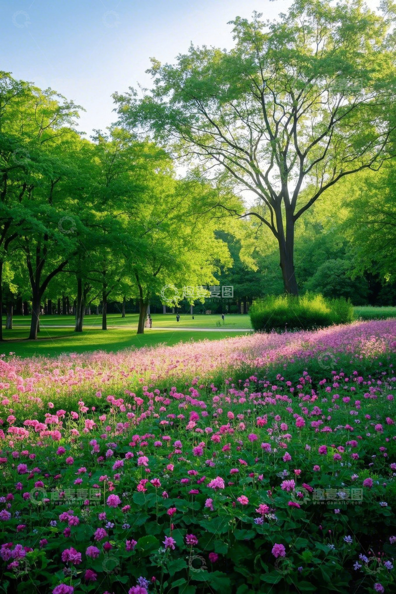 高清大图下载【趣麦麦图】公园草地花卉与绿树景观