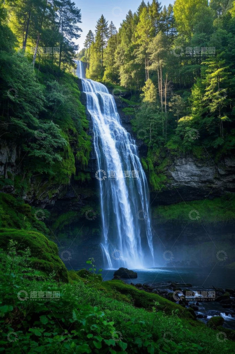 高清大图下载【趣麦麦图】森林中的壮观瀑布景观