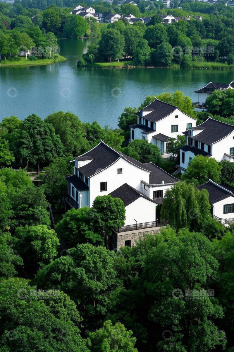 高清大图下载【趣麦麦图】湖畔中式建筑与周边自然景观