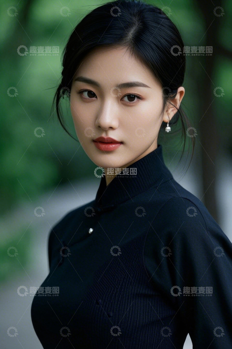高清大图下载【趣麦麦图】优雅女子身着黑色旗袍凝视镜头