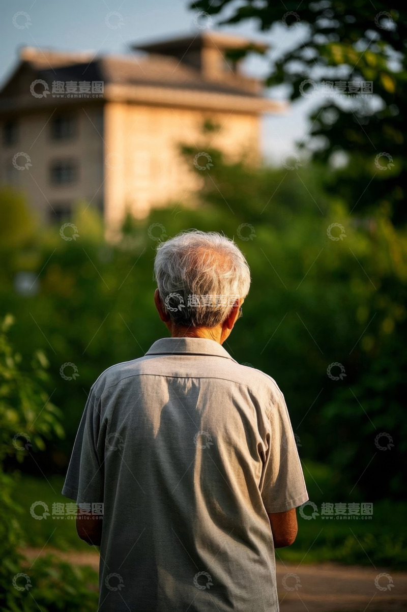 高清大图下载【趣麦麦图】老人背影远眺建筑物