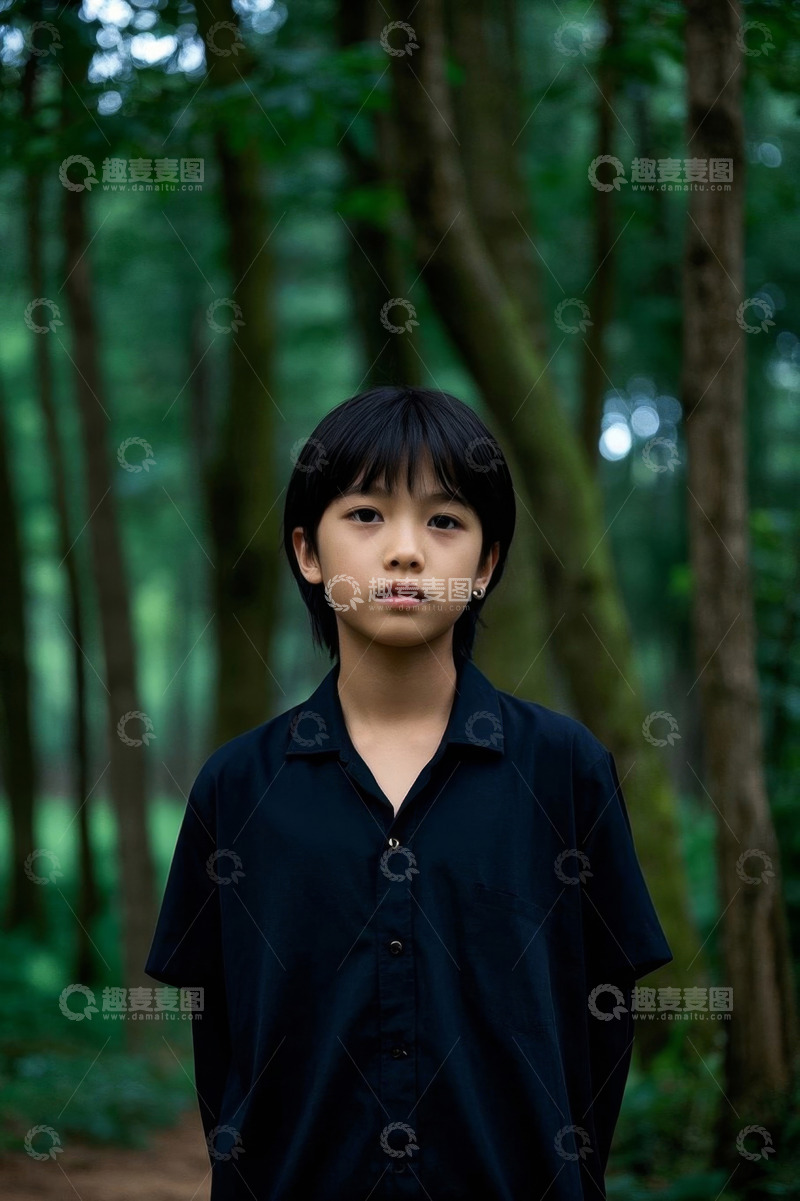 高清大图下载【趣麦麦图】森林里安静的男孩凝视镜头
