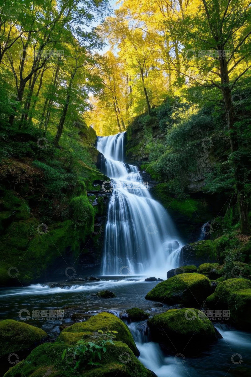 高清大图下载【趣麦麦图】森林中的瀑布自然景观