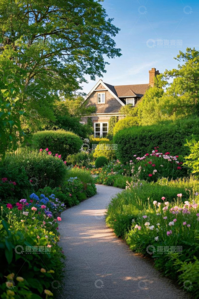 高清大图下载【趣麦麦图】花园小径旁的绿植与房屋景观