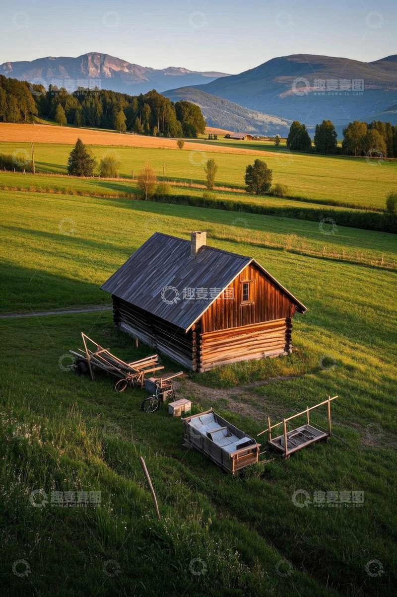 高清大图下载【趣麦麦图】田野中的木屋与农具场景