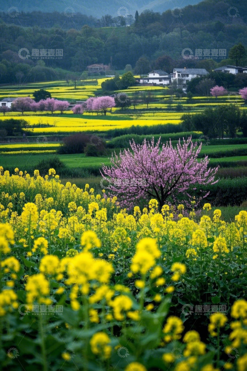 高清大图下载【趣麦麦图】田园油菜花与粉花树景观
