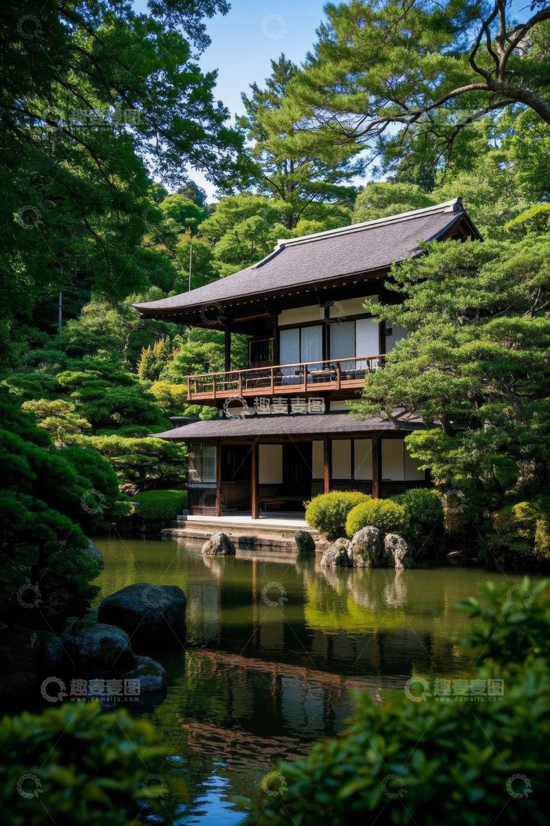 高清大图下载【趣麦麦图】日本花园中式建筑与池塘景观