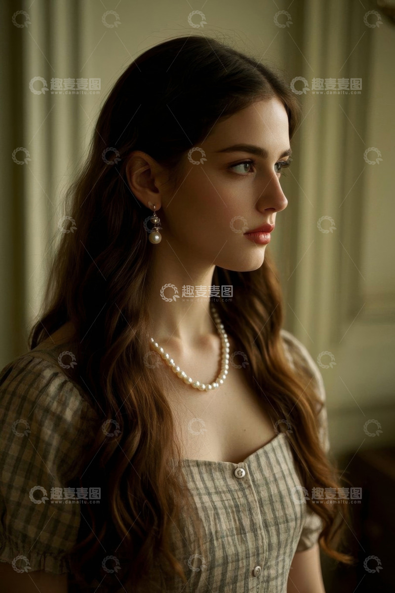 高清大图下载【趣麦麦图】侧颜女生珍珠项链复古写真