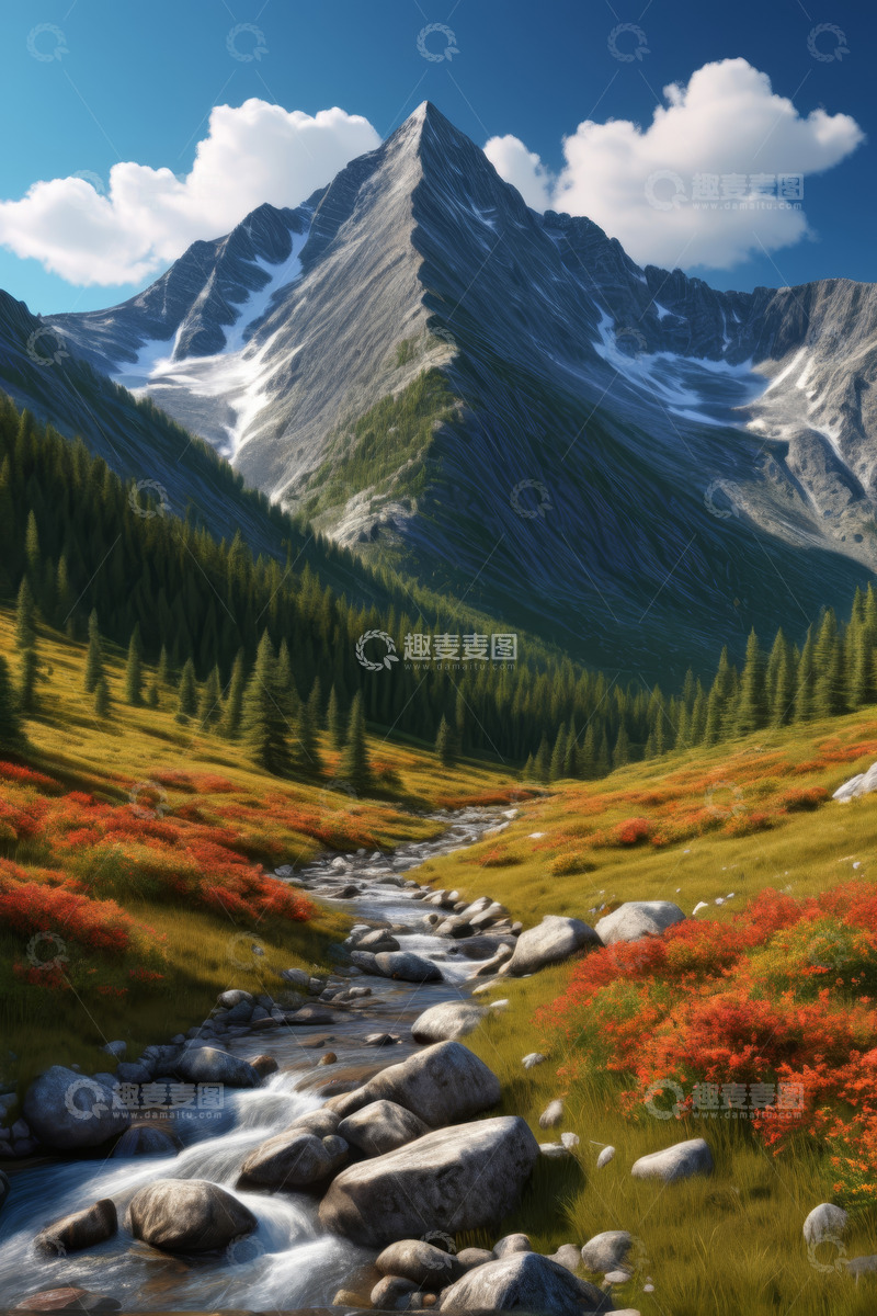 高清大图下载【趣麦麦图】山间溪流与多彩植被自然景观