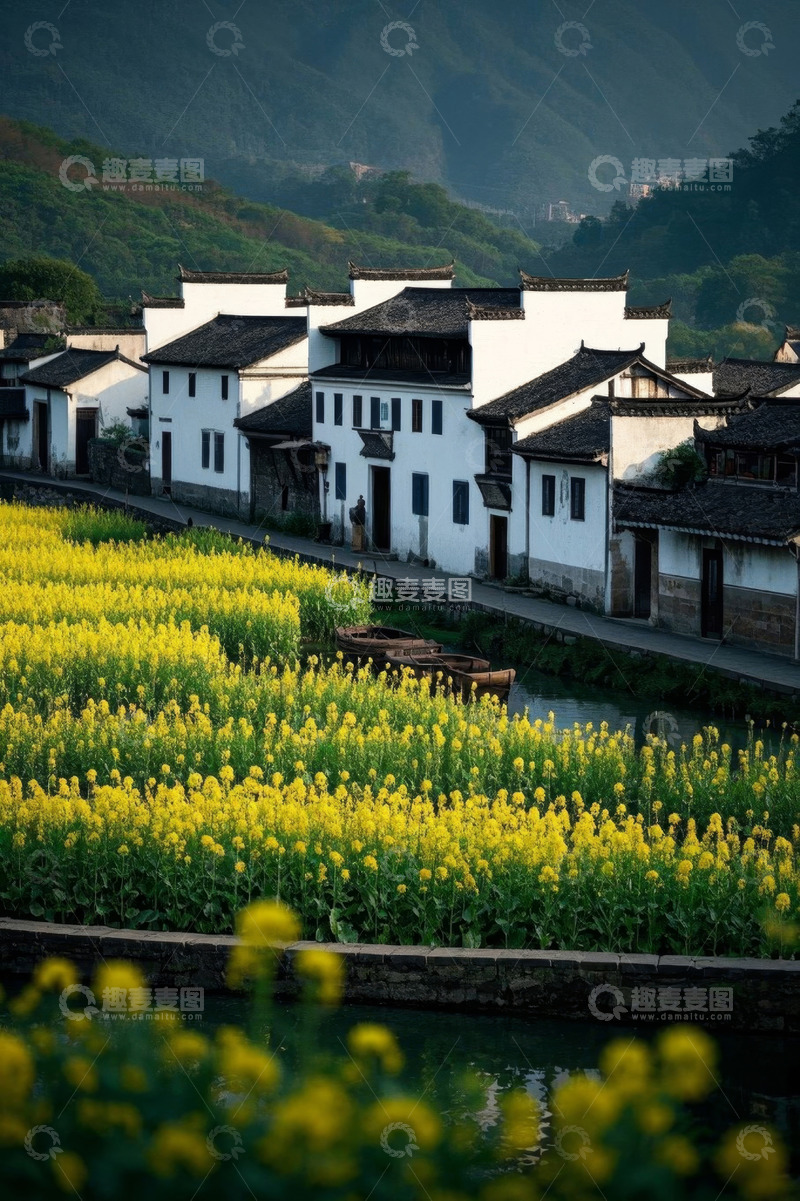 高清大图下载【趣麦麦图】乡村油菜花田旁的白墙黑瓦建筑