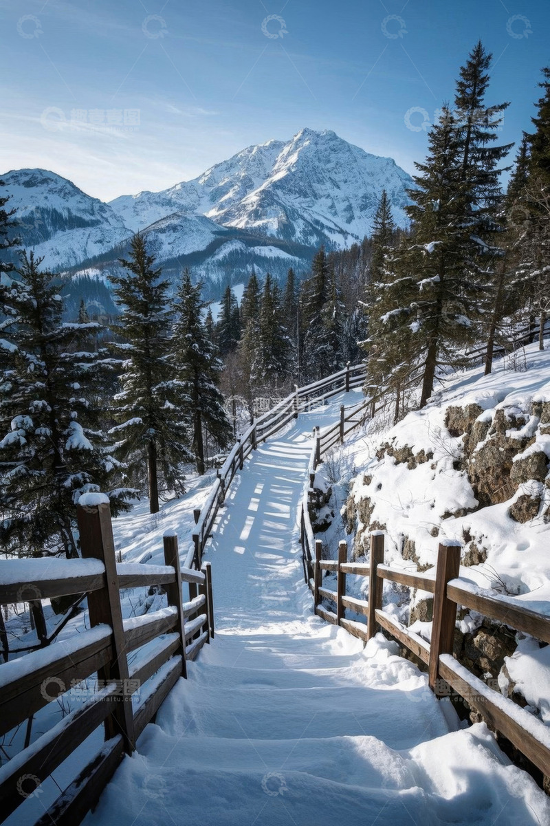 高清大图下载【趣麦麦图】雪山下的积雪栈道与森林景观