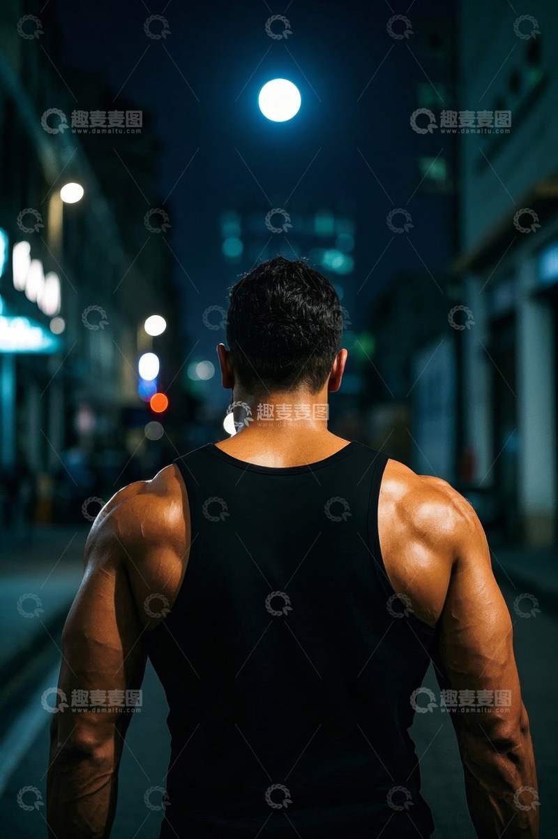 高清大图下载【趣麦麦图】夜晚城市背景下强壮男子背影