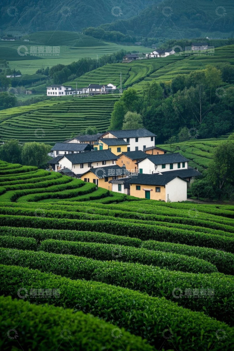 高清大图下载【趣麦麦图】山间错落有致的茶园与民居