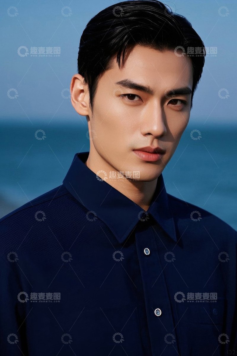高清大图下载【趣麦麦图】时尚型男海边写真深蓝色衬衫