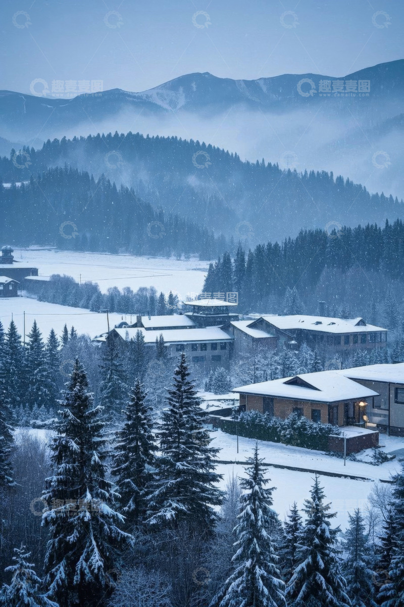 高清大图下载【趣麦麦图】雪中山村与森林景观
