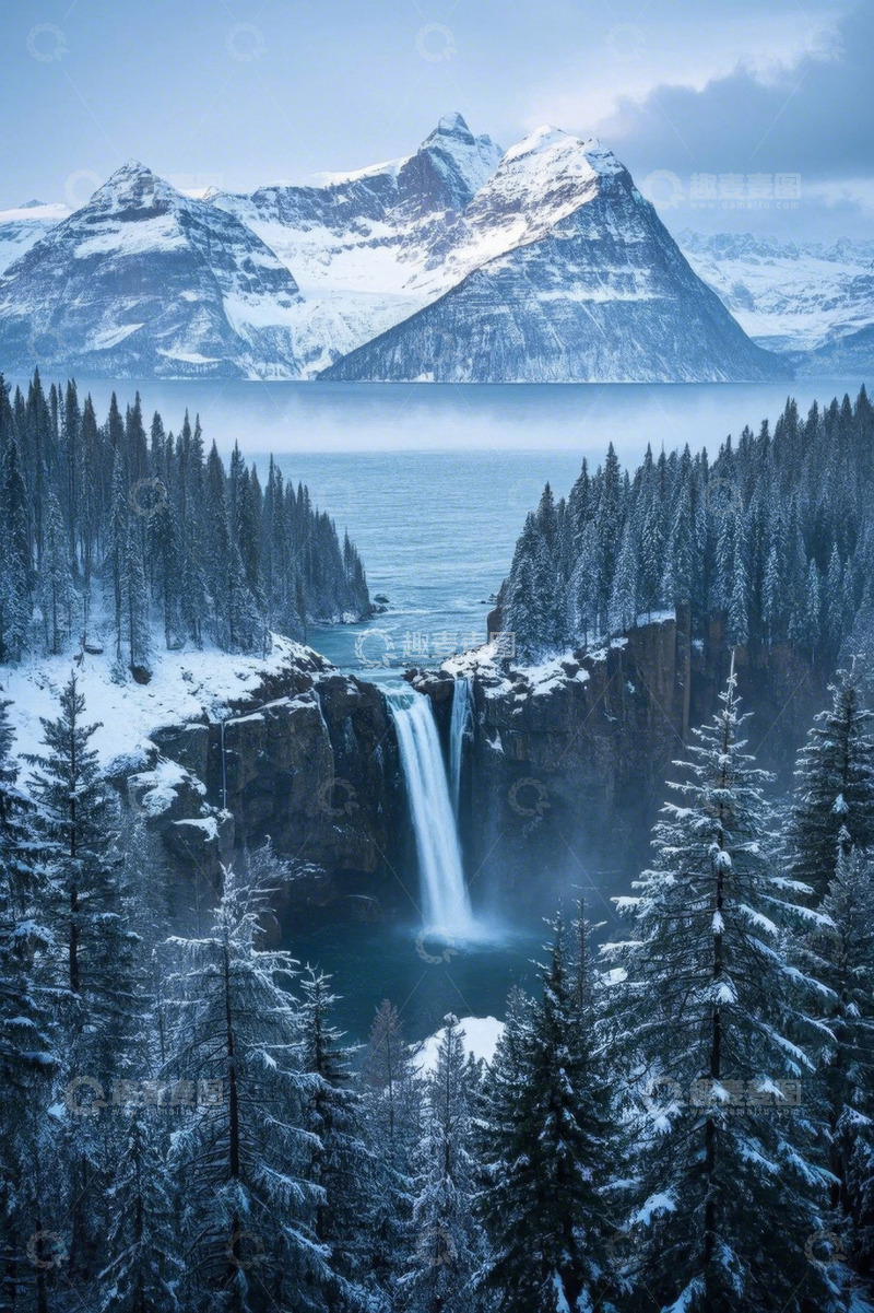 高清大图下载【趣麦麦图】雪山下森林中的瀑布景观