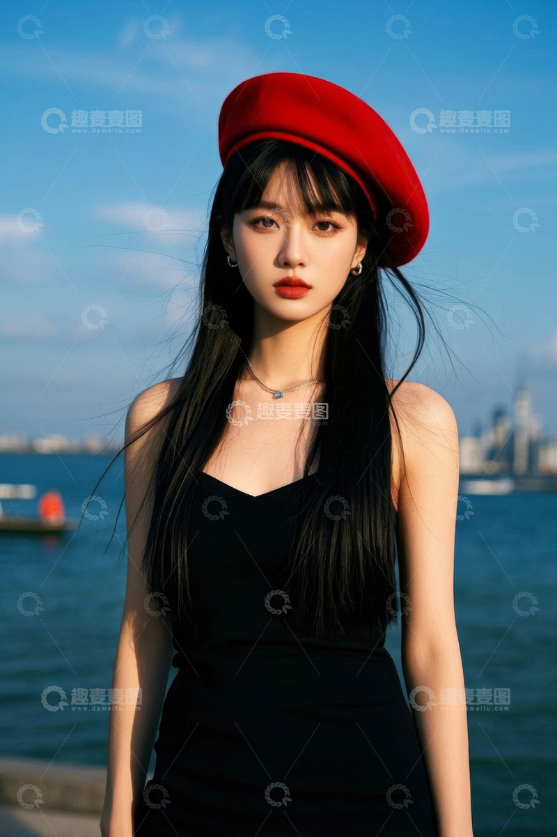 高清大图下载【趣麦麦图】红帽黑裙女子海边写真