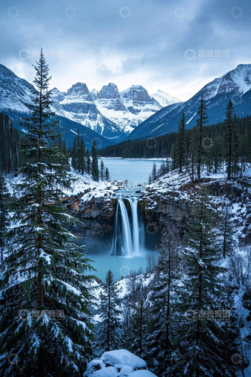 高清大图下载【趣麦麦图】雪山下的森林瀑布景观