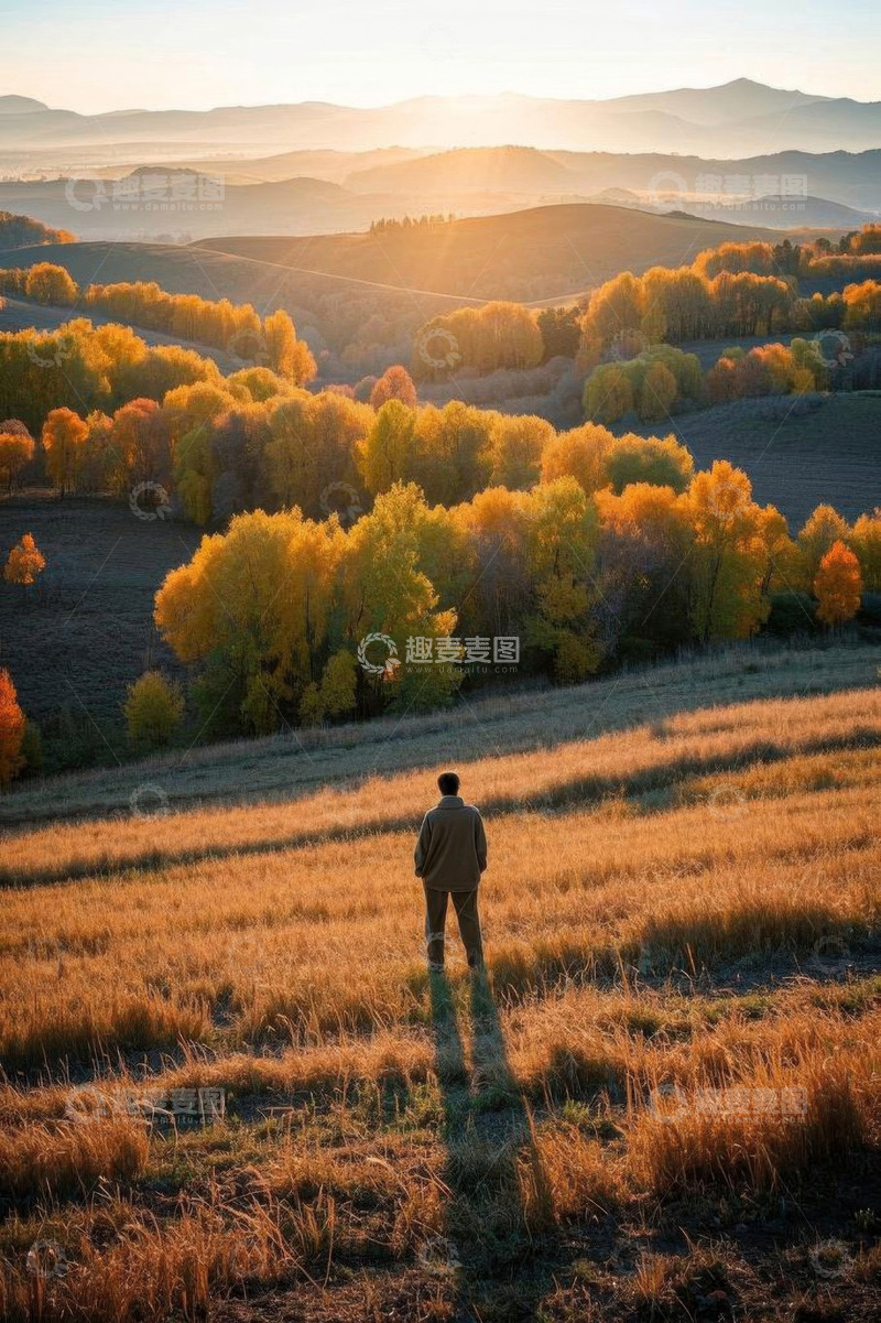高清大图下载【趣麦麦图】男子于秋日原野眺望山林风光