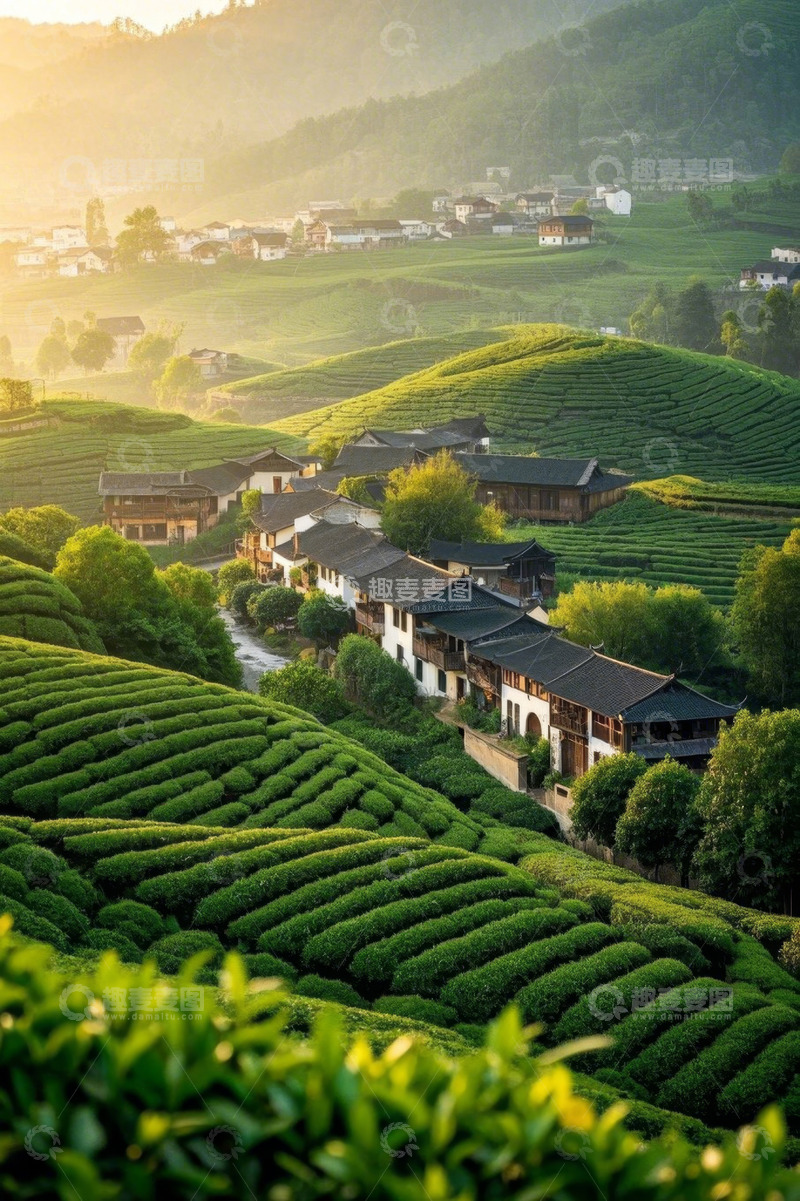 高清大图下载【趣麦麦图】山间茶园与传统村落风景