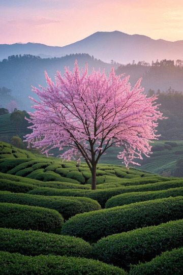 茶园中盛开的樱花树