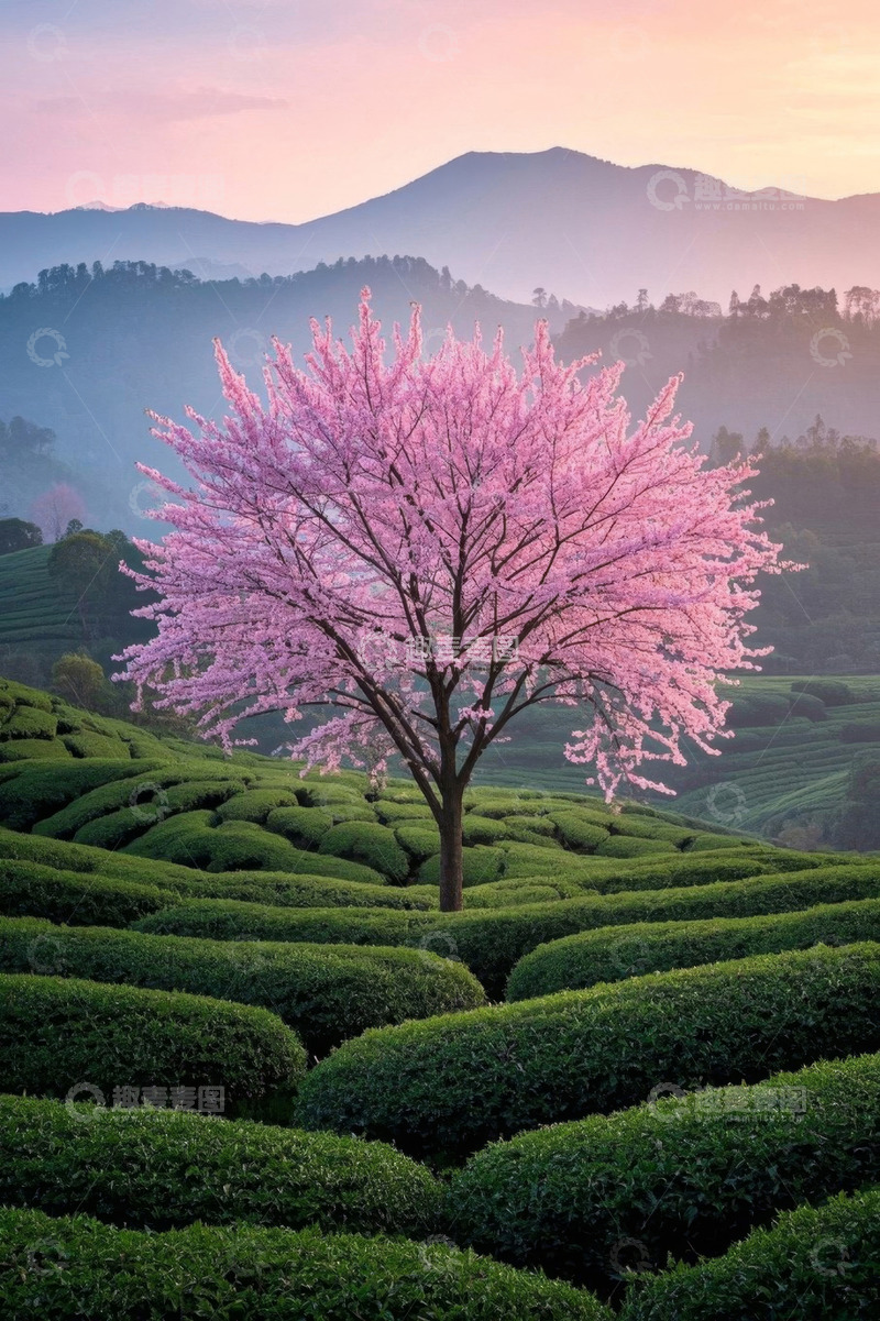 高清大图下载【趣麦麦图】茶园中盛开的樱花树