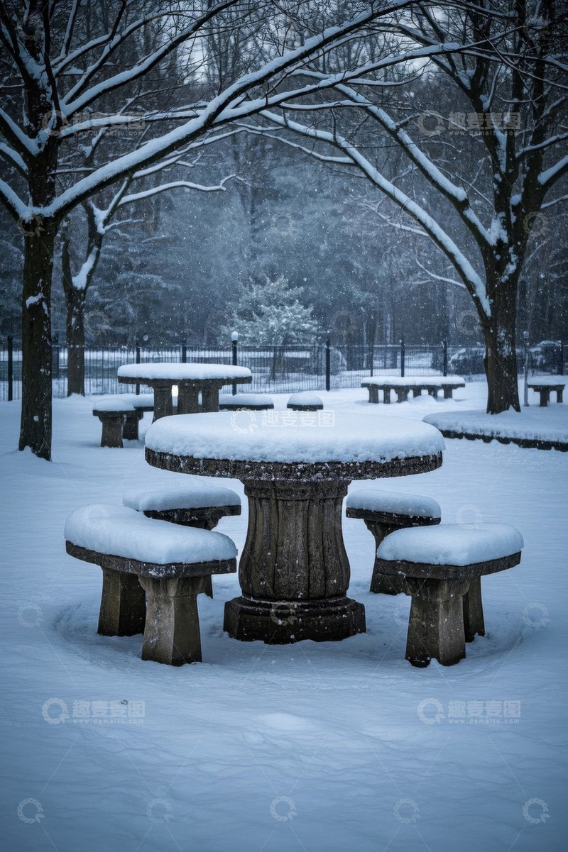 高清大图下载【趣麦麦图】公园雪景中的石桌石凳
