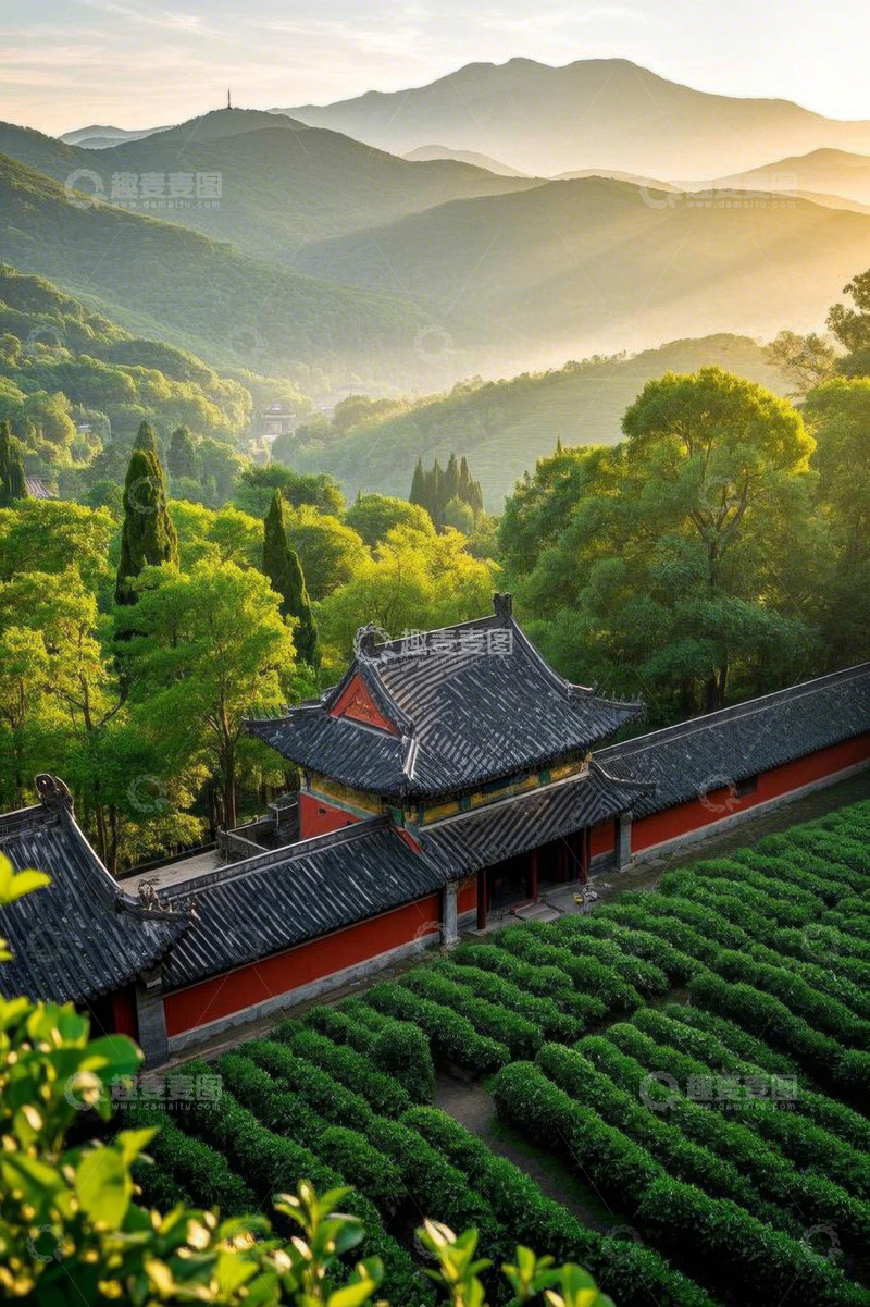 高清大图下载【趣麦麦图】山林间中式古建筑与茶园风景