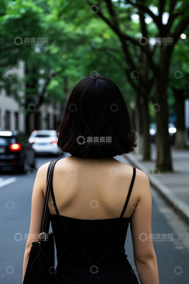 高清大图下载【趣麦麦图】女子背影街头漫步时尚穿搭