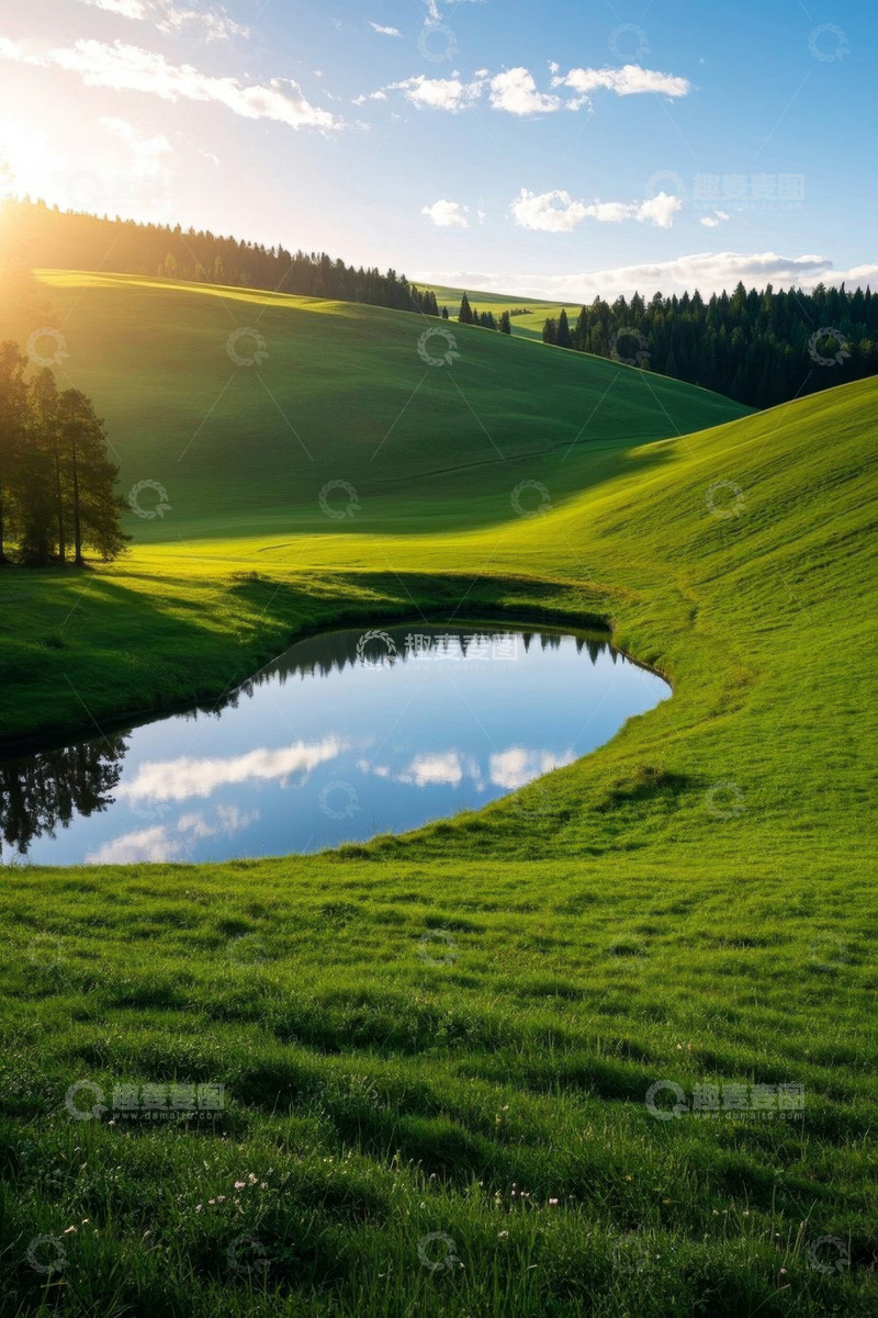 高清大图下载【趣麦麦图】绿色草原湖泊自然风光