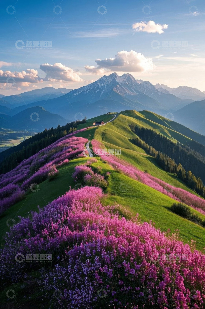 高清大图下载【趣麦麦图】山坡花海与远山风景