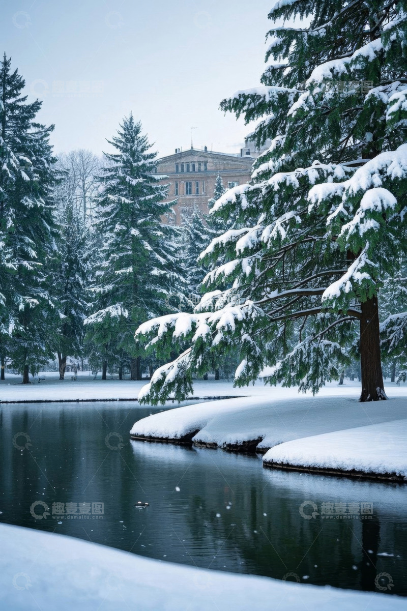 高清大图下载【趣麦麦图】雪后湖畔松林景观