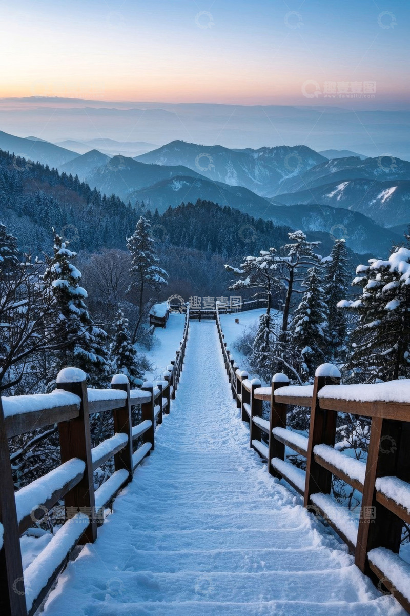 高清大图下载【趣麦麦图】雪山木栈道冬日自然景观
