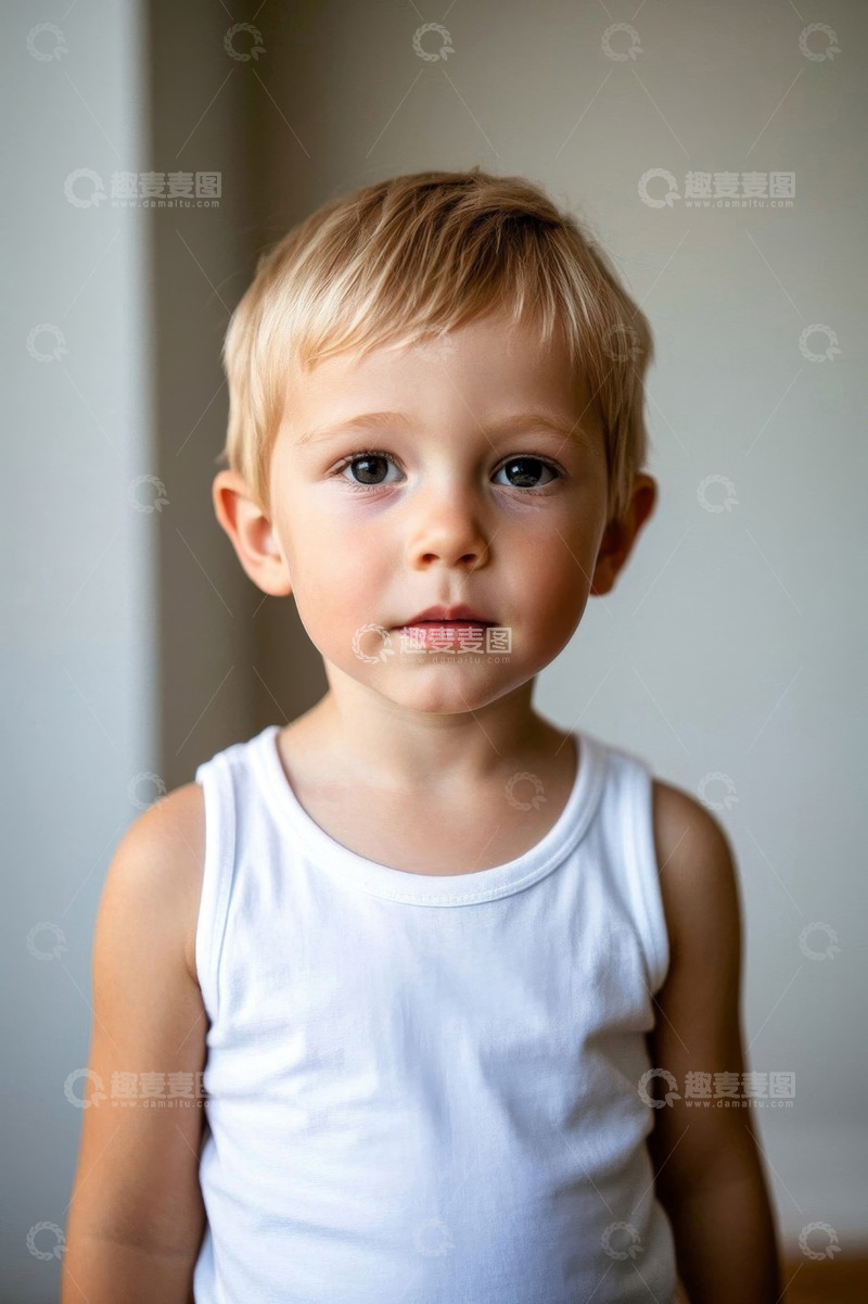 高清大图下载【趣麦麦图】可爱的金发小男孩穿着白色背心