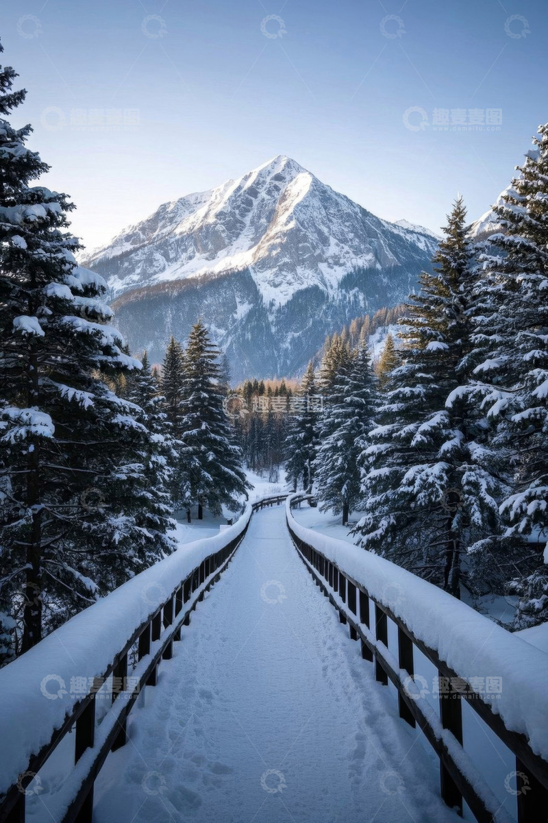 高清大图下载【趣麦麦图】雪中山间森林木栈道景色