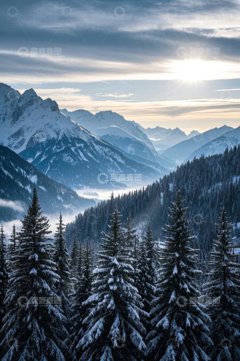 高清大图下载【趣麦麦图】雪山森林自然风光全景