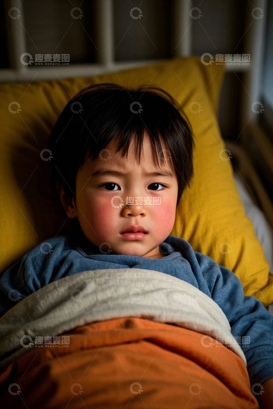 生病的小男孩躺在床上
